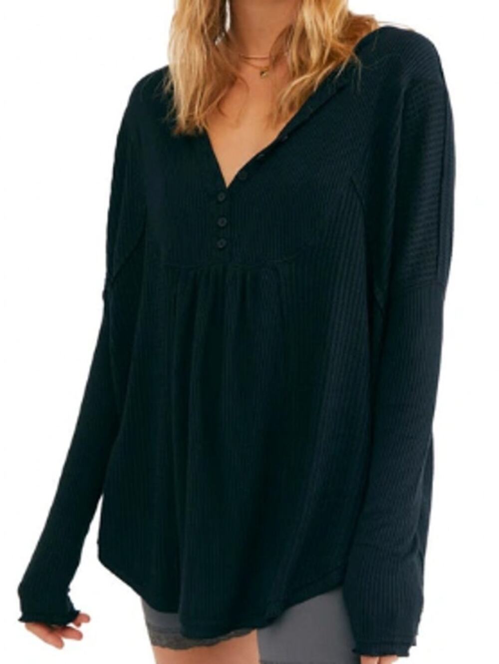 Free People Size Large Leo Henley Tee In Black Oversized Thermal Boho Long Sleev